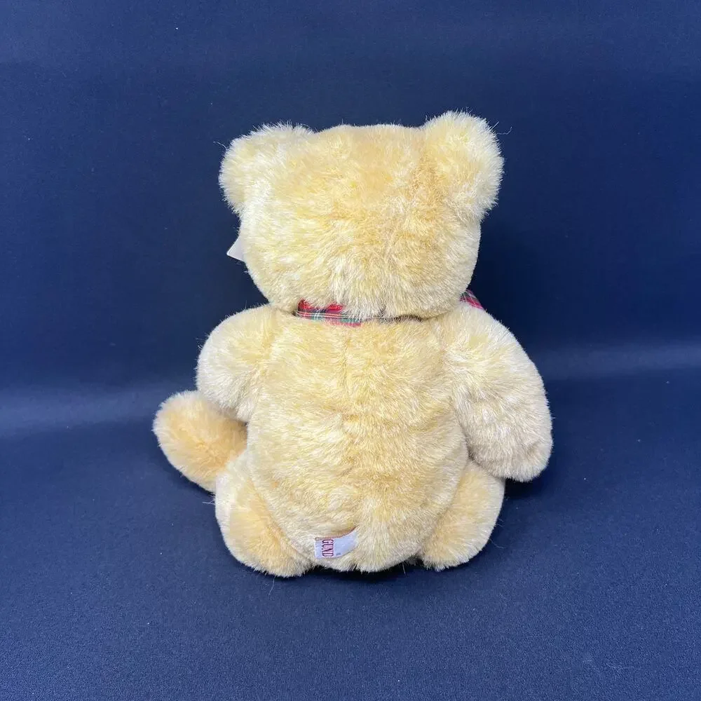 Gund Bear Plush 1982 Plaid Red Bow Seated‎ Tan Brown Jointed Teddy Vintage
